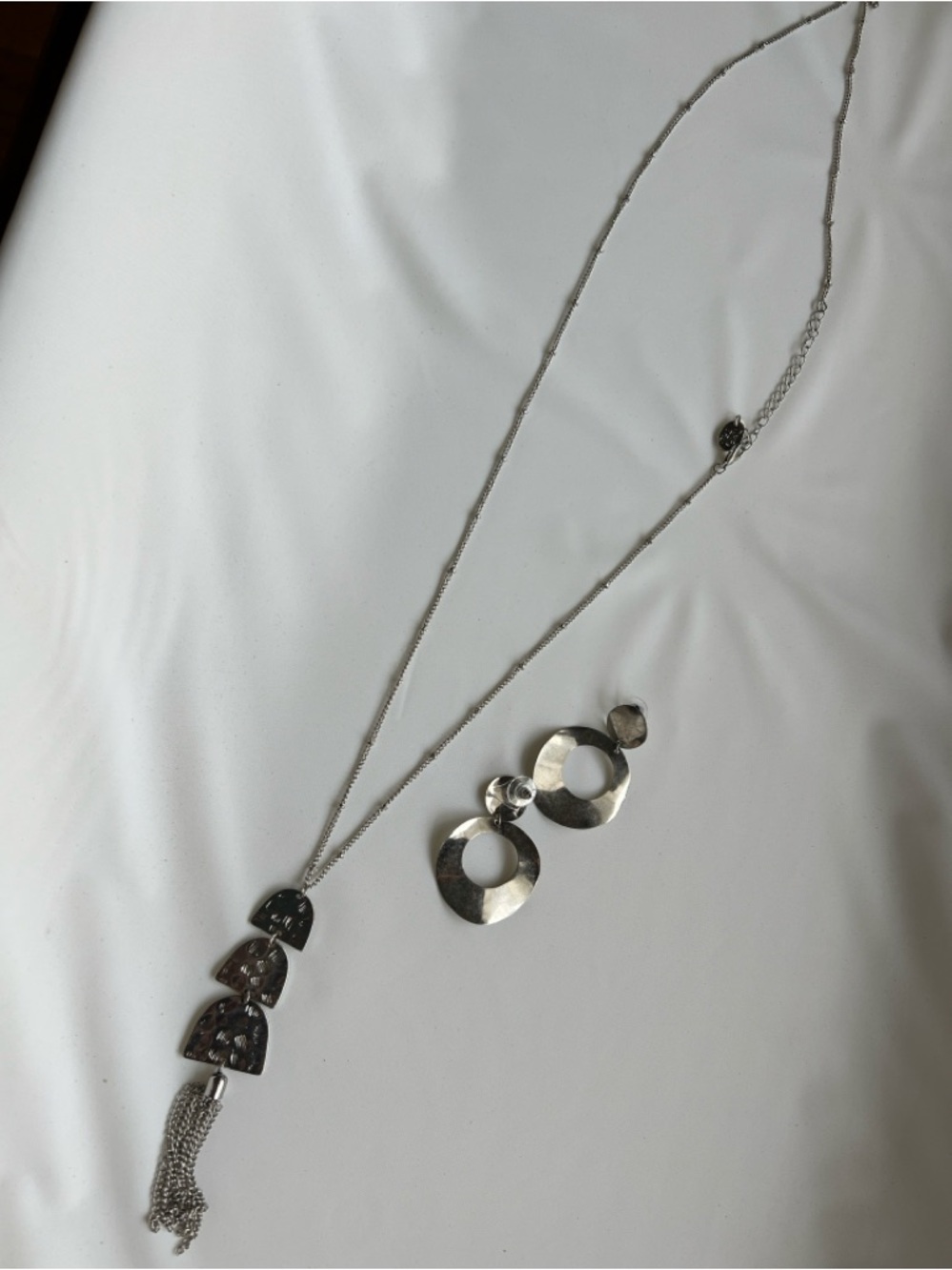 Silver Tone Long Tassel Necklace with Geometric Pendants